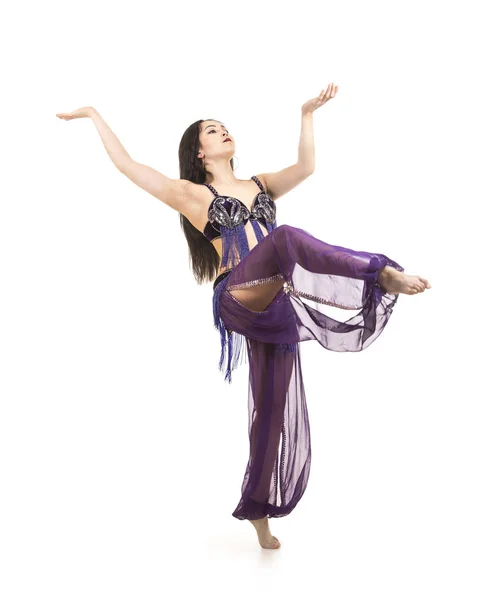 Attractive Brunette Girl Long Hair Dancing Belly Dance Isolated White — Stock Photo, Image