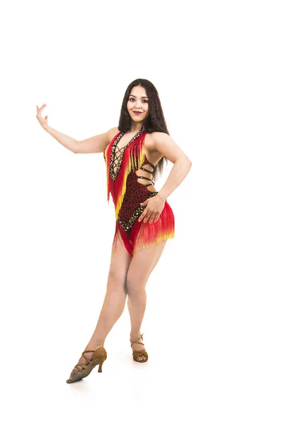 Young Girl Long Dark Hair Dances Performs Airy Ring Stage — Stock Photo, Image