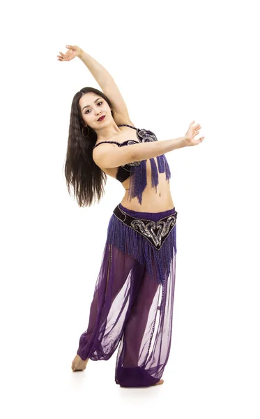 Attractive Brunette Girl Long Hair Dancing Belly Dance Isolated White — Stock Photo, Image