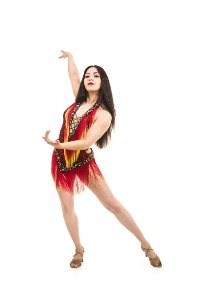 Young Girl Long Dark Hair Dances Performs Airy Ring Stage — Stock Photo, Image