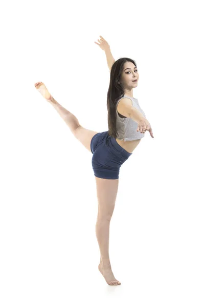 Young Girl Shorts Shirt Dancing Modern Ballet Studio Shot White — Stock Photo, Image