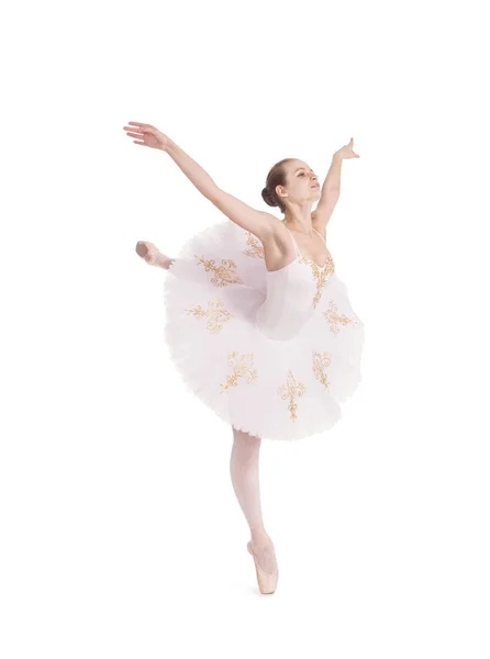 Fille Tutu Blanc Dansant Ballet Studio Tourné Sur Fond Blanc — Photo