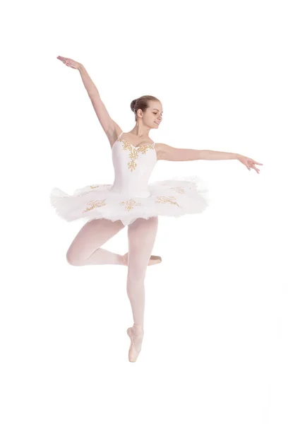 Mädchen Weißem Tutu Tanzen Ballett Studioaufnahme Auf Weißem Hintergrund Isoliertes — Stockfoto