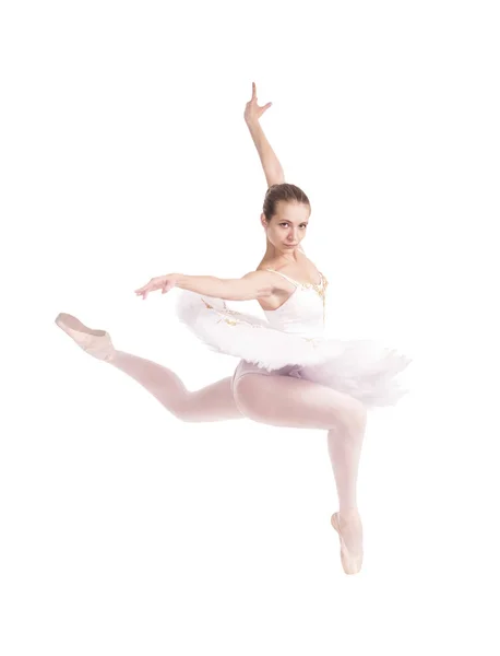Dziewczyna Białej Tutu Balet Taniec Studio Strzał Białym Tle Białym — Zdjęcie stockowe