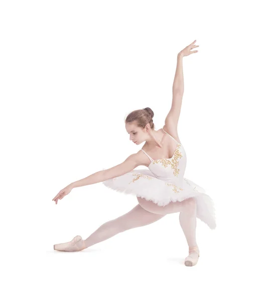 Fille Tutu Blanc Dansant Ballet Studio Tourné Sur Fond Blanc — Photo