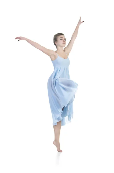 Una Joven Ballet Baile Azul Estudio Disparo Sobre Fondo Blanco — Foto de Stock