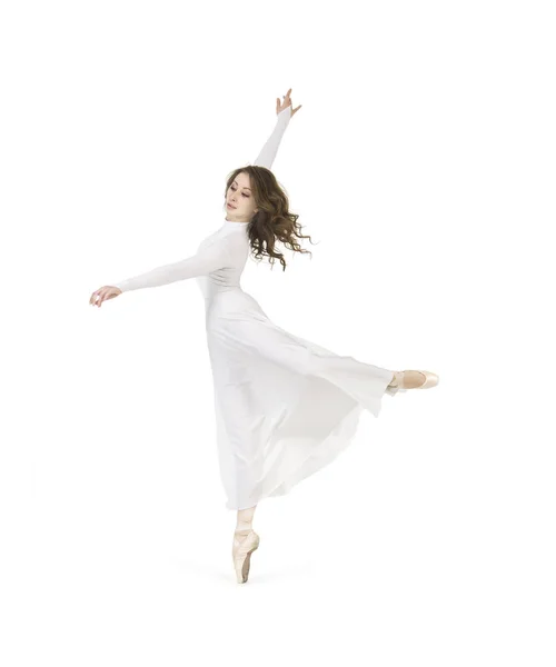 Bale Dans Beyaz Elbiseli Bir Kız Beyaz Arka Plan Üzerinde — Stok fotoğraf