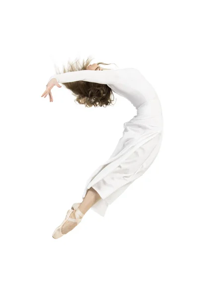 Una Chica Con Vestido Blanco Bailando Ballet Estudio Sobre Fondo — Foto de Stock