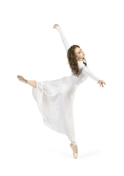 バレエを踊る白いドレスの女の子 白い背景に 孤立した画像に撮影スタジオ — ストック写真
