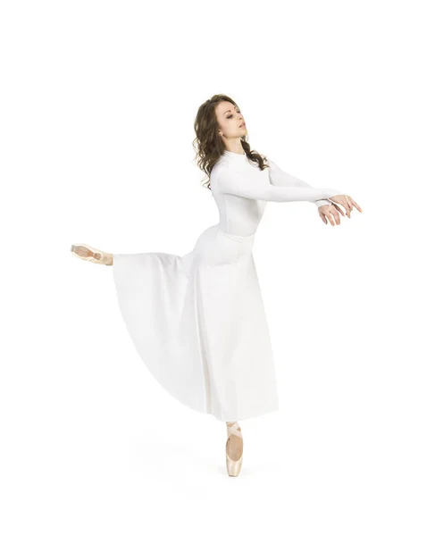 Una Chica Con Vestido Blanco Bailando Ballet Estudio Sobre Fondo — Foto de Stock