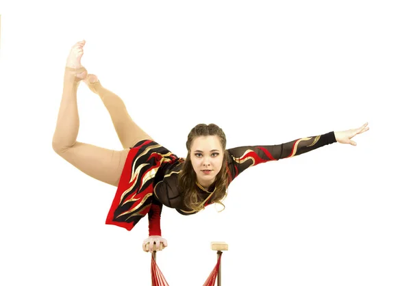 Flexible Equilibrist Performs Exercises Acrobatic Walking Sticks Studio Photo White — Stock Photo, Image