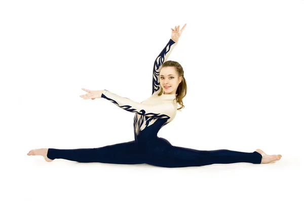 Acrobat Doing Gymnastics Young Athlete White Blue Suit Practicing Acrobatics — Stock Photo, Image