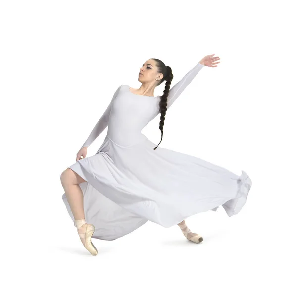 Una Ragazza Con Vestito Bianco Con Capelli Lunghi Balletto Danzante — Foto Stock