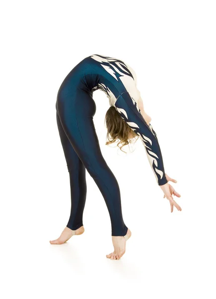 Acrobat Doing Gymnastics Young Athlete White Blue Suit Practicing Acrobatics — Stock Photo, Image