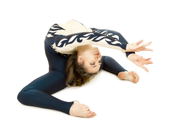 Acrobat Doing Gymnastics Young Athlete White Blue Suit Practicing Acrobatics — Stock Photo, Image