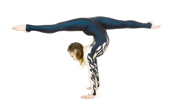 Acrobat Doing Gymnastics Young Athlete White Blue Suit Practicing Acrobatics — Stock Photo, Image