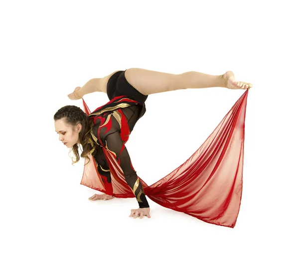 Flexibilní Equilibrist Provádí Cvičení Akrobatická Vycházkové Hole Studiové Fotografie Bílém — Stock fotografie