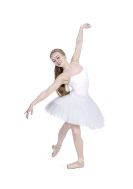 Bale bir beyaz tutu, uzun saçlı bir kız.