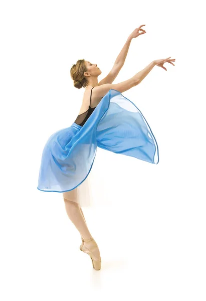 Girl in a blue skirt and a black leotard dance ballet. — Stock Photo, Image