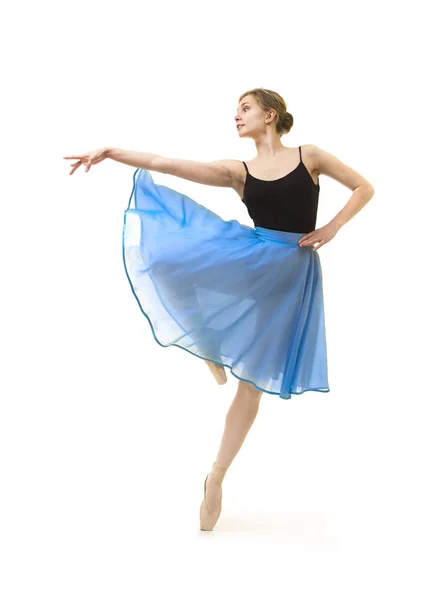 Menina em uma saia azul e um bailado de dança de couro preto . — Fotografia de Stock