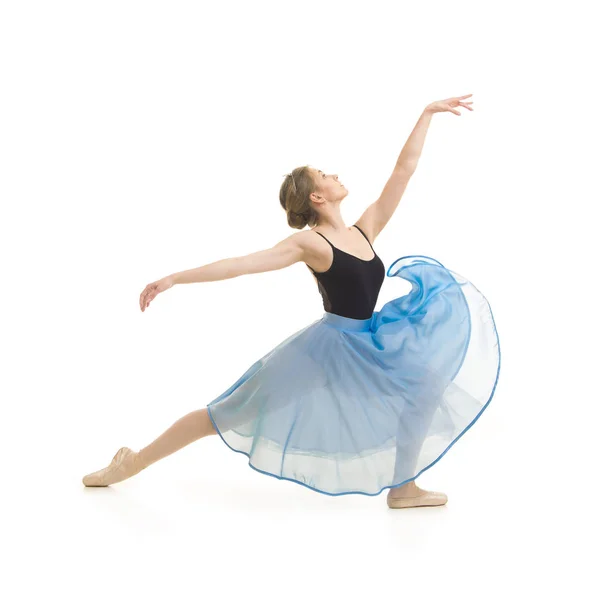 Girl in a blue skirt and a black leotard dance ballet. — Stock Photo, Image
