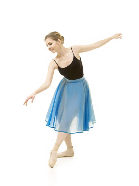 Girl in a blue skirt and a black leotard dance ballet. — Stock Photo, Image