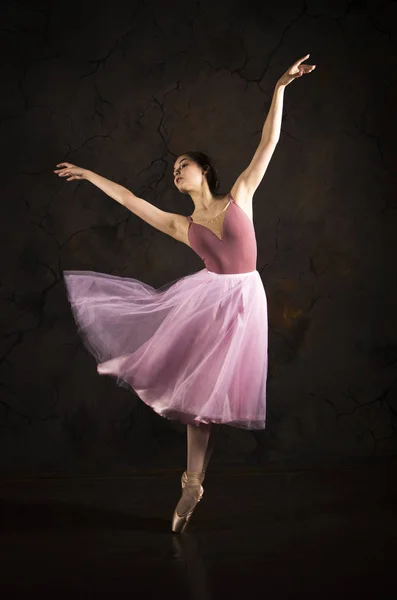 Une fille élancée dans une jupe rose et un ballet de danse beige . — Photo