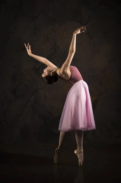 Una ragazza snella in gonna rosa e balletto beige . — Foto Stock