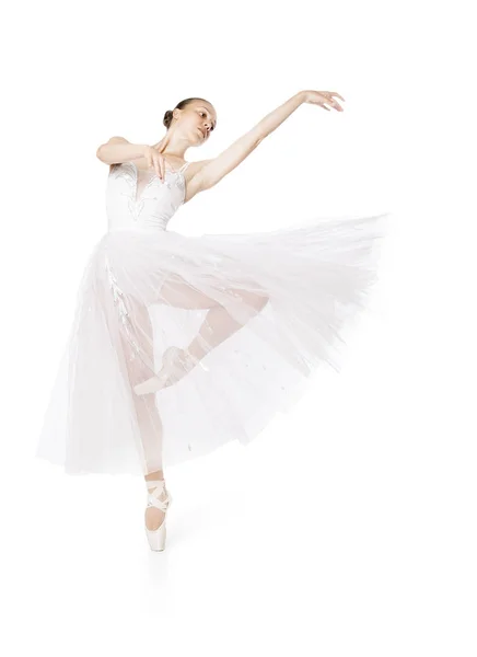 Slender girl in a white corset tutu dancing ballet. — Stock Photo, Image