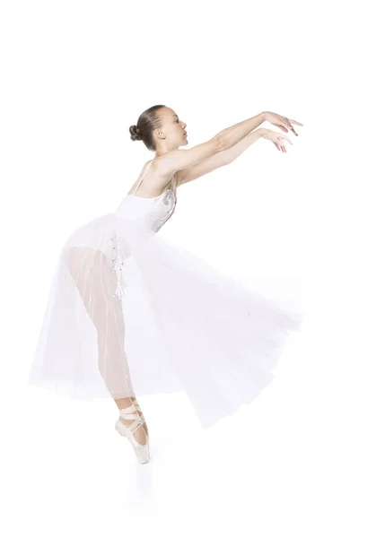 Slender girl in a white corset tutu dancing ballet. — Stock Photo, Image