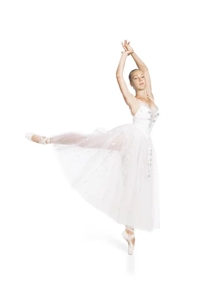 Slender girl in a white corset tutu dancing ballet. — Stock Photo, Image