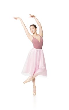 Pembe etek ve bej üst dans bale zarif kız.