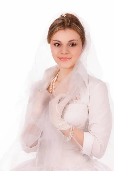 Portrét Půvabné Dívky Bílých Šatech Retro Stylu Nevěsta Retro Šaty — Stock fotografie