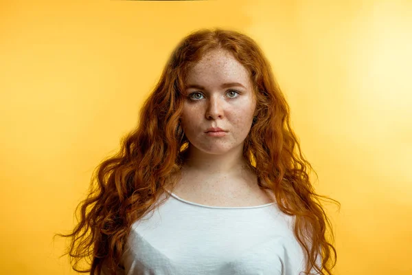 Mladá žena s izolované na žluté, s klidným výrazem dlouhé zrzavé vlasy — Stock fotografie