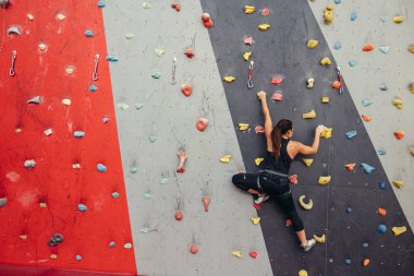 Genç dağcı kadın tırmanış merkezinde pratik kayalara tırmanıyor, kaya tırmanıyor.