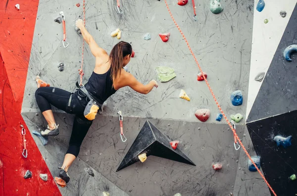 Ajuste menina estudante desportivo movendo-se para cima na parede de escalada no ginásio — Fotografia de Stock