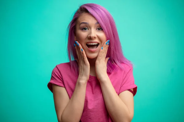 Woman happy and surprised holding cheeks by hand. — Stock Image Woman happy and surprised holding cheeks by hand. Royalty Free Stock Images