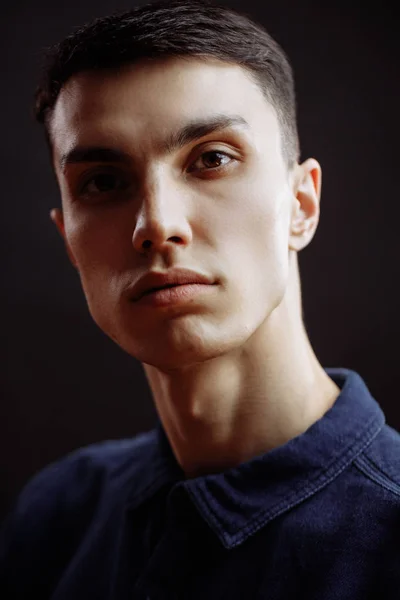 Close up Of Young Man On Black Background — Stock Photo, Image