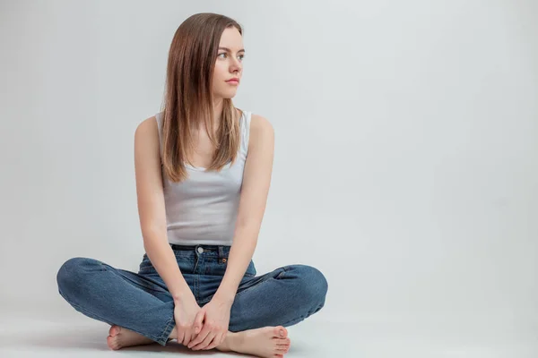 Close up side view portrait of upset pleasant woman — Stock Photo, Image