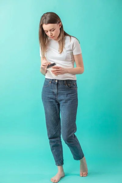 Full length portrait of good-looking girl going open plastic glass — Stock Photo, Image