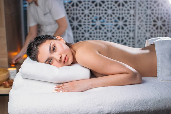 Close up portrait of attractive nude woman waiting for massage in the spa center — Stock Photo, Image