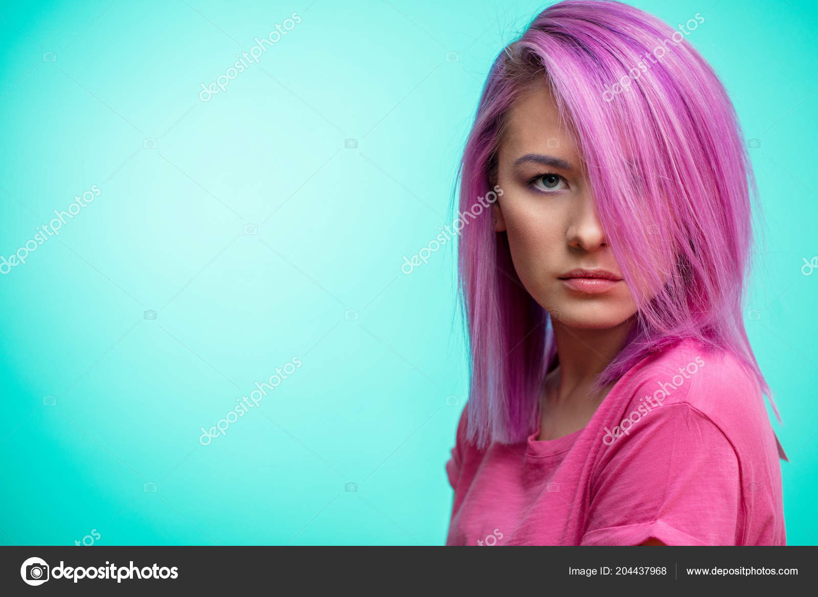 Half Pink Half Blue Hair Attractive Girl With Pink Hair Dressed In Casual Pink Cloth On Blue Background Stock Photo C Ufabizphoto