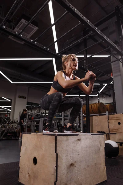 sexy well-built woman doing a box squat at the gym