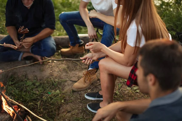 Foto ritagliato vista laterale. adolescenti sono seduti intorno al falò — Foto Stock