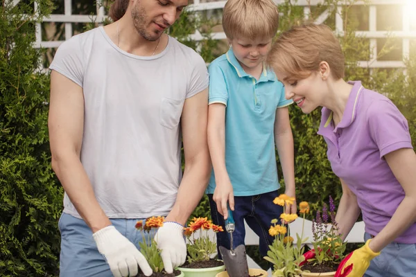 Jardineiros familiares com criança plantando flores em vasos com solo na fazenda — Fotografia de Stock