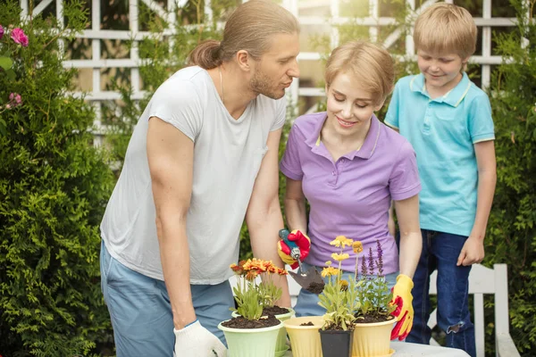 Ibu muda berkebun di depan atau belakang halaman dengan dua anak kecilnya yang lucu — Stok Foto