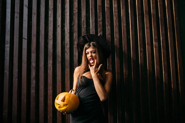 Halloween Sexy Lady Red Big Pumpkin Her Hands — Stock Photo, Image