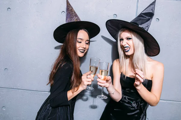 Two Happy Young Women Black Witch Halloween Costumes Party Drink — Stock Photo, Image