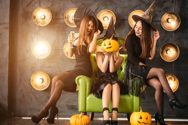 Three Emotional Young Women Halloween Costumes Having Fun Party — Stock Photo, Image