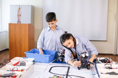 İki çocuk, iki kardeş ve onların hobi-yapıcı robot oyuncakları.